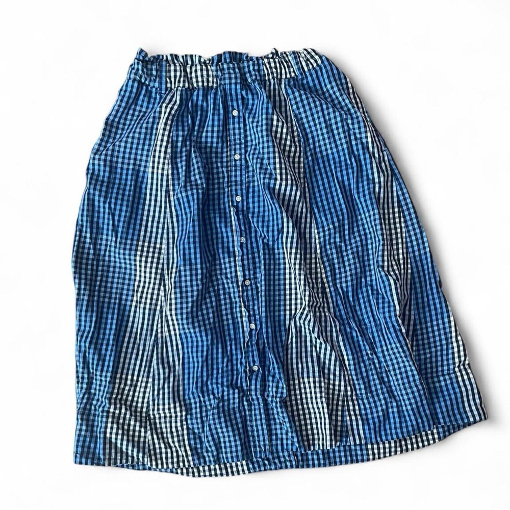 Blue & white gingham button-up skirt with elastic waistband and pockets